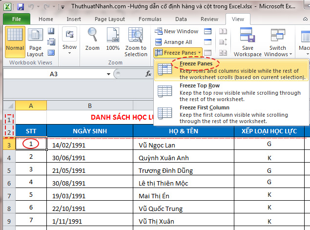Cach co dinh hang trong Excel