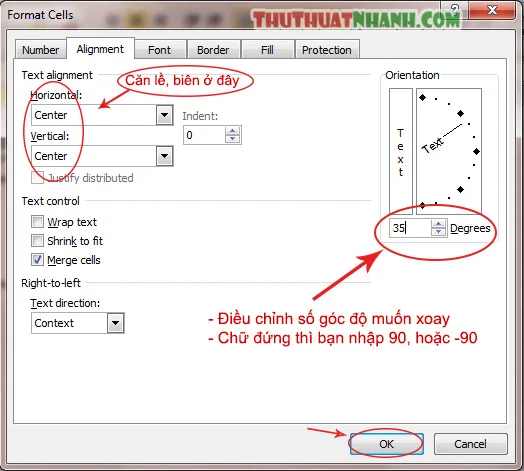 Cach viet chu xoay doc xoay nghieng trong Excel