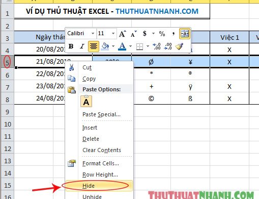 cach an hang va cot trong Excel