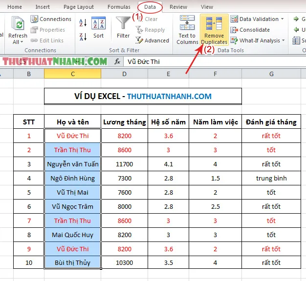 cach xoa du lieu trung lap trong excel