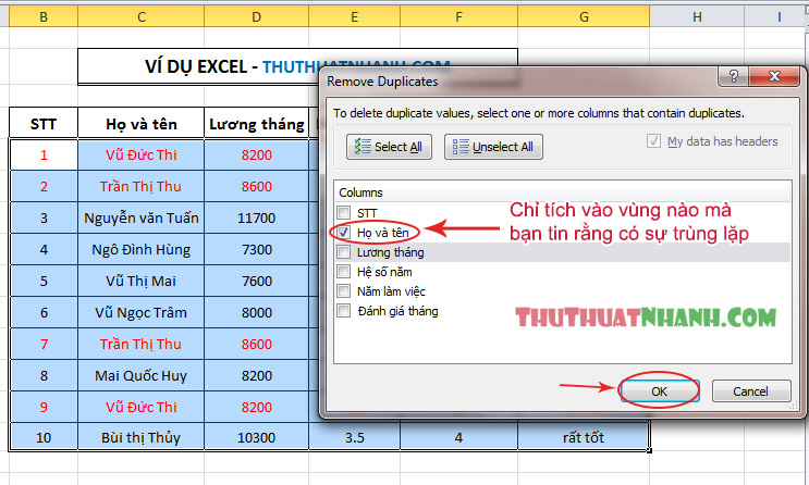 huong dan cach loc xoa du lieu trung lap trong Excel