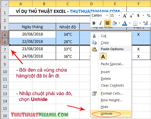 khoi phuc hang cot bi an trong Excel