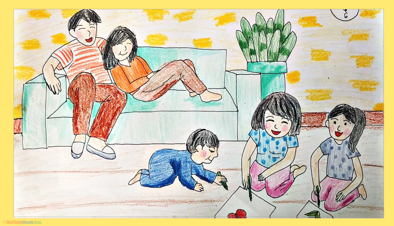 Vẽ tranh đề tài gia đình đơn giản 5 người