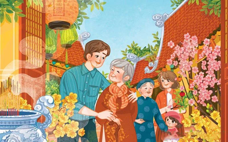 tranh ve gia dinh em di choi tet