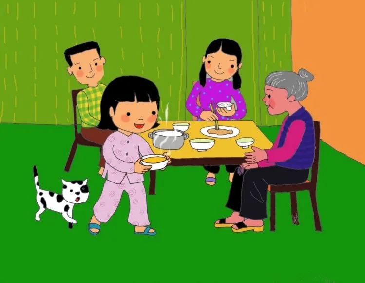 buc hinh ve canh an com cua gia dinh
