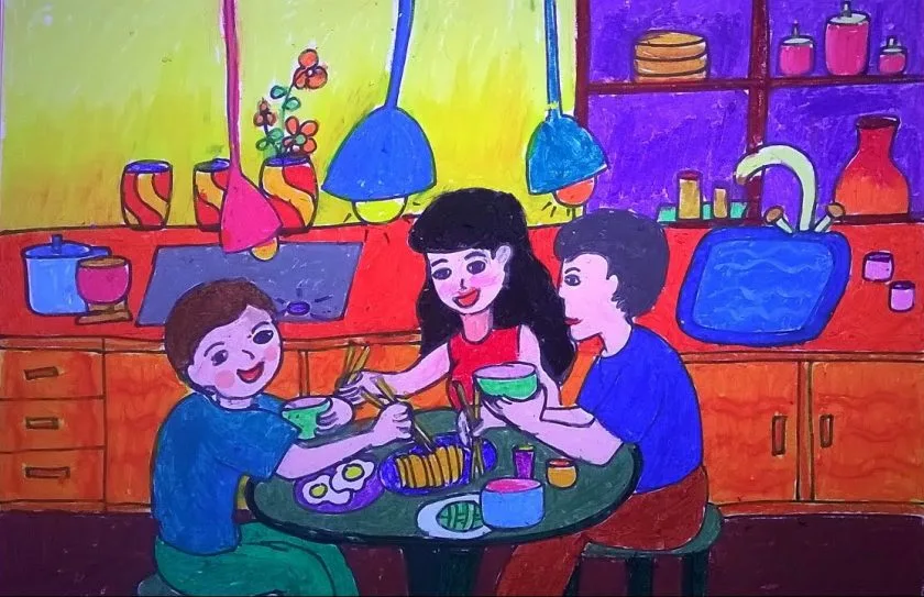 Hinh ve gia dinh an com cung nhau cua hoc sinh