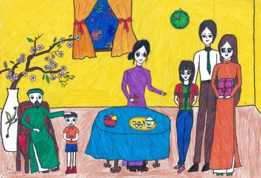 tranh gia dinh ngay tet do hoc sinh ve
