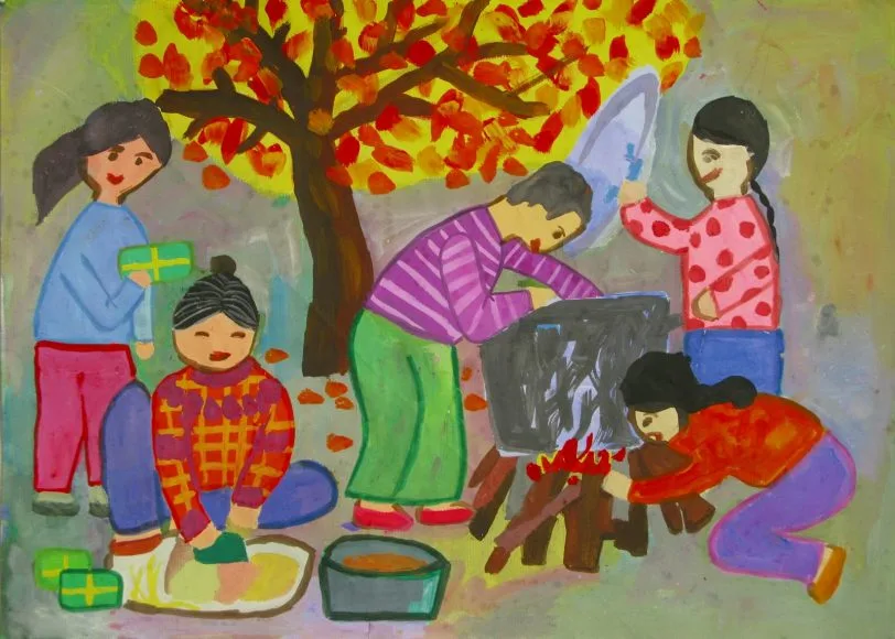 tranh son dau 1D canh gia dinh ngay tet