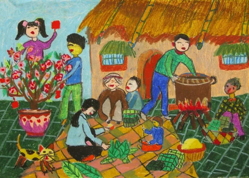 tranh ve gia dinh chuan bi tet
