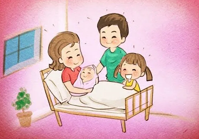 tranh ve gia dinh hanh phuc khi me sinh em be