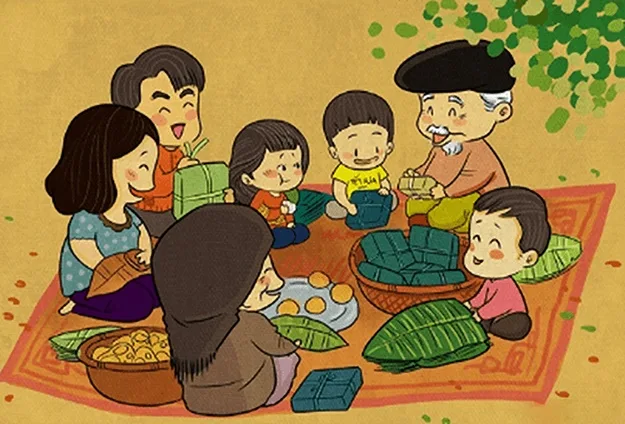 tranh ve gia dinh ngoi goi banh chung tet