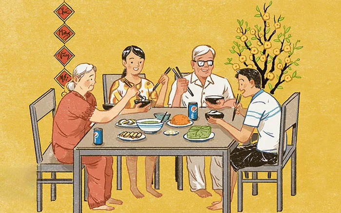 tranh ve ong ba bo me ngoi an com voi nhau