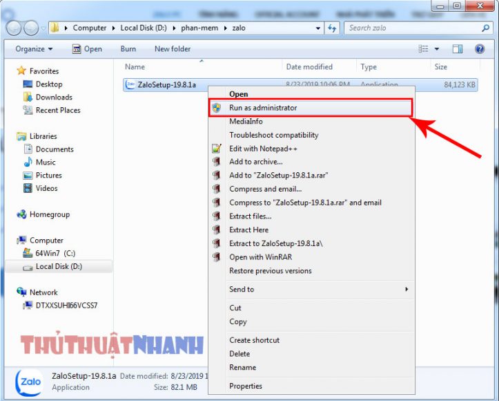chay run file zalosetup exe