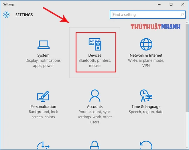 chon devices trong cai dat windows 10