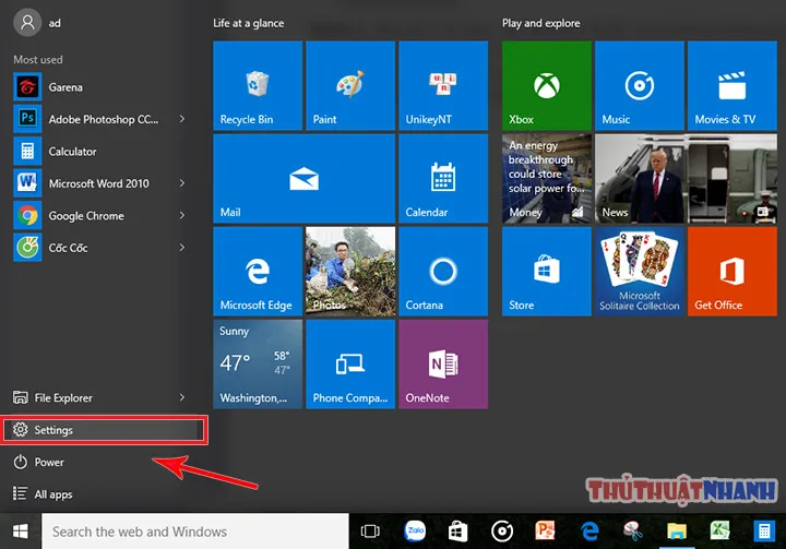 vao phan banh rang Settings tren windows 10