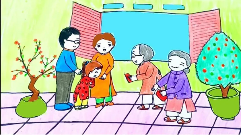 hoc sinh ve tranh gia dinh ngay tet