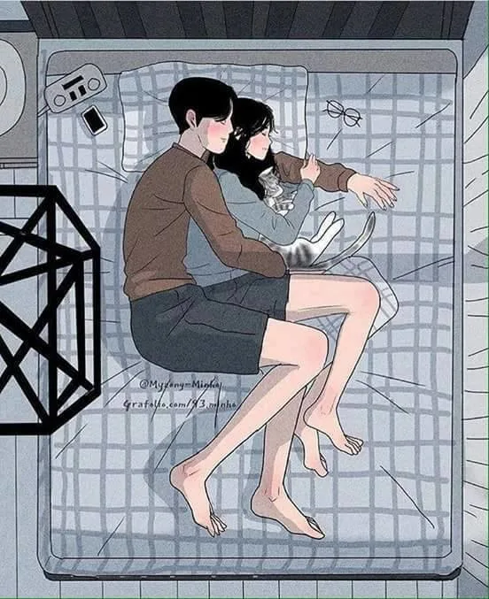 ảnh hoạt hình ôm người yêu ngủ trên giường