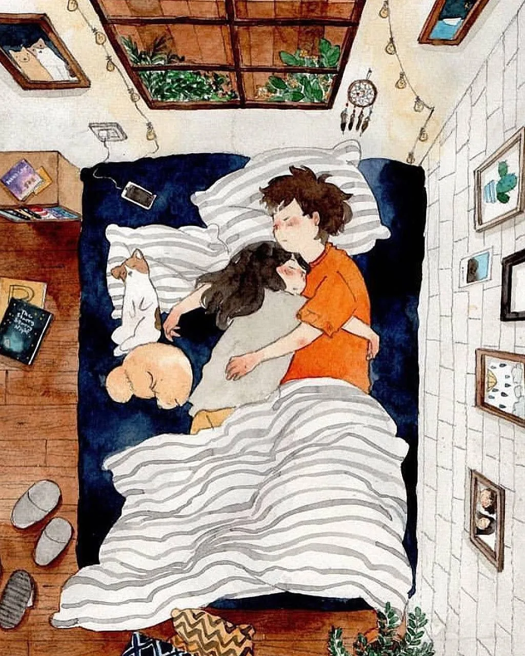 ảnh hoạt hình ôm nhau ngủ