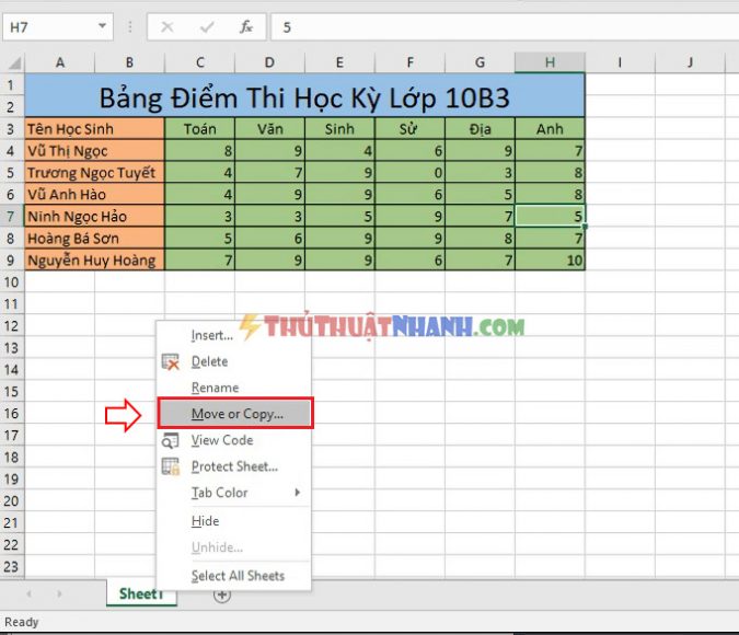 cách copy sheet trong excel