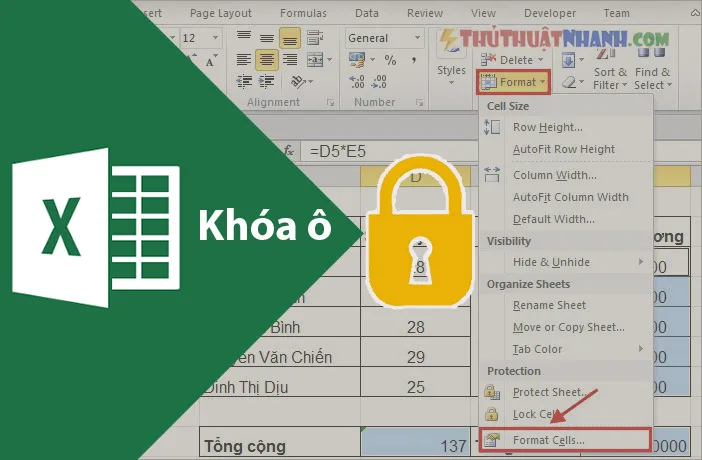 cach khoa o trong excel