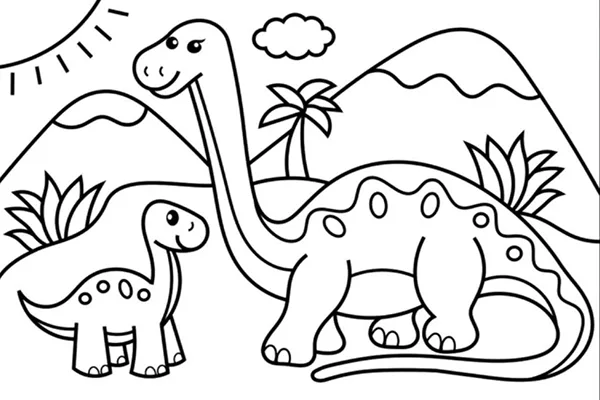 tranh tô màu khủng long ăn cỏ dễ thương