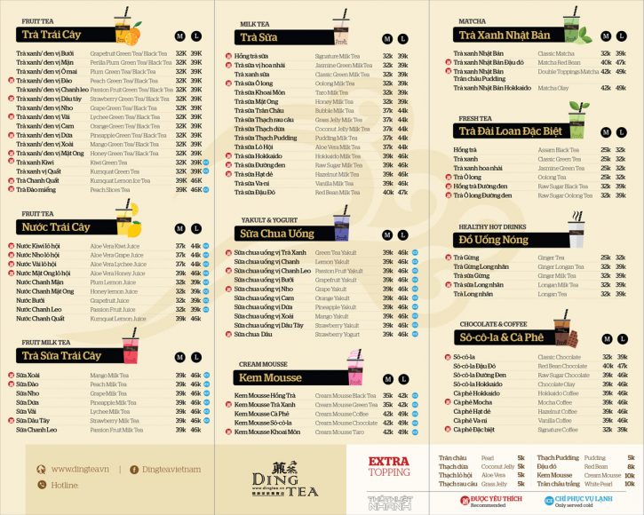 menu quan cafe tra sua ding tea