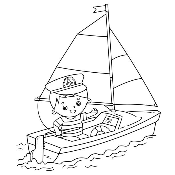 tranh tô màu bé tập làm thủy thủ trên chiếc thuyền buồm