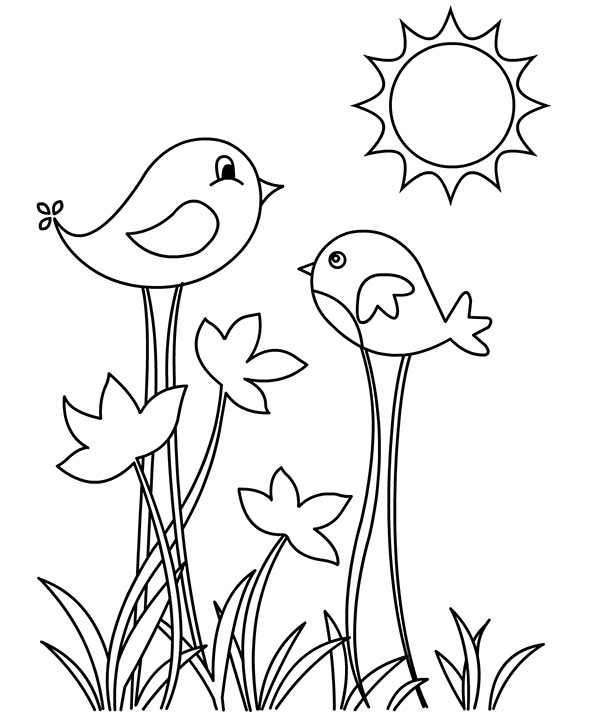 tranh to mau con chim trong vuon va ong mat troi