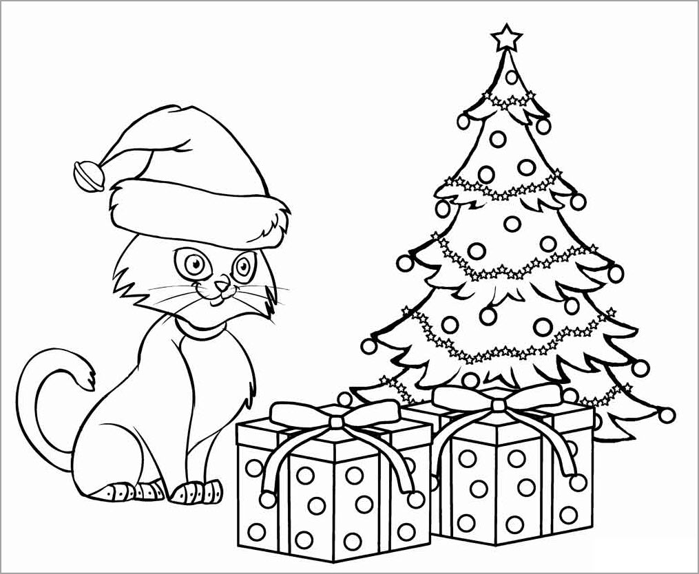 hình tô con mèo bên hộp quà giáng sinh