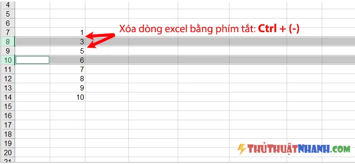 xoa dong excel bang phim tat Ctrl