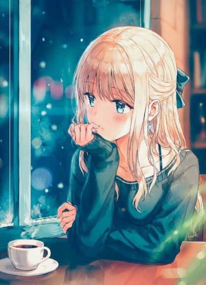 hinh anime girl buon ben ly cafe