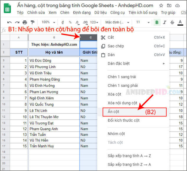 cách ẩn hàng cột trong trang tính google sheets