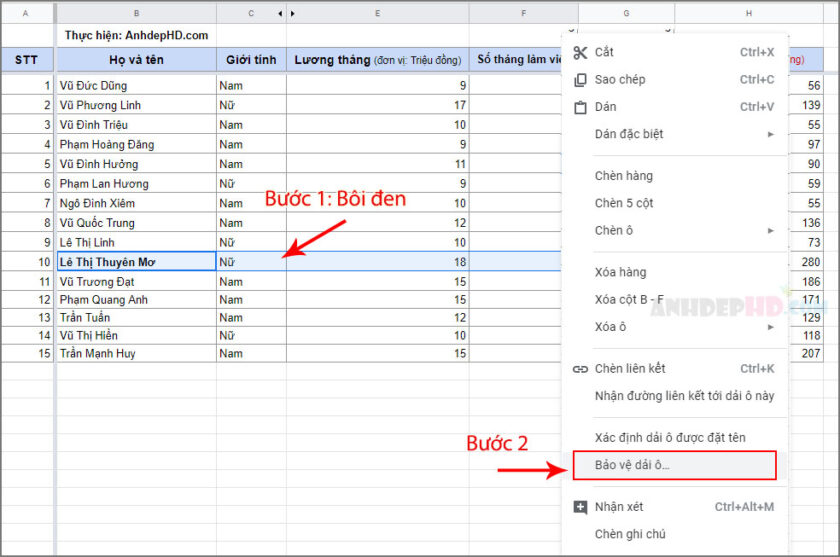 cách khóa bảo vệ dữ liệu bảng tính google sheets