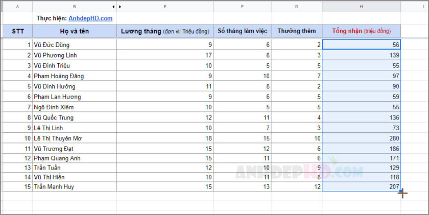 kết quả áp dụng phép tính hàng loạt cho ô tính trên google sheets