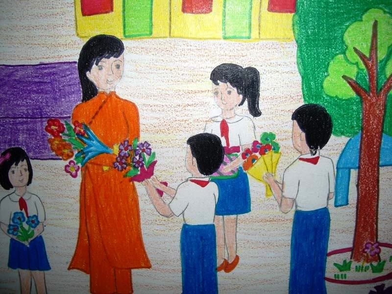 tranh vẽ bút sáp màu lớp 7 học sinh tặng hoa cô giáo
