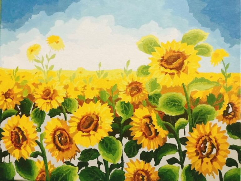 tranh vẽ cánh đồng hoa hướng dương bằng chất liệu sơn dầu