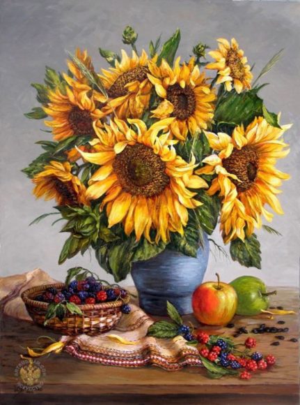 vẽ lọ hướng dương và các loại quả trên bàn