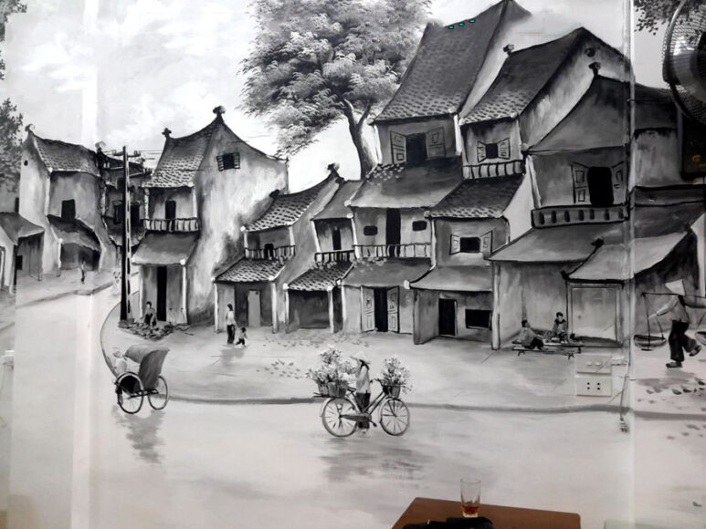 tranh phố cổ hà nội đen trắng