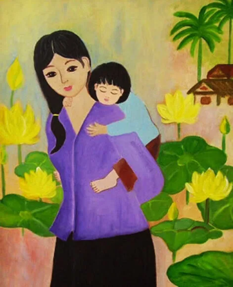 tranh vẽ mẹ cõng con ngắm hoa