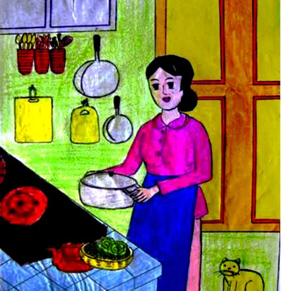 tranh vẽ mẹ đang nấu ăn lớp 6 đơn giản