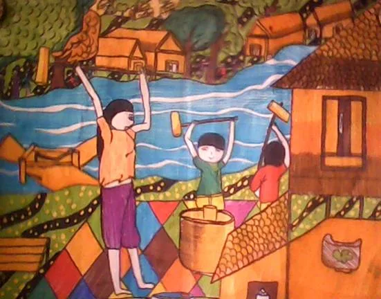tranh vẽ mẹ và các con cùng giã gạo