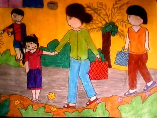 tranh vẽ mẹ và con gái đi chợ