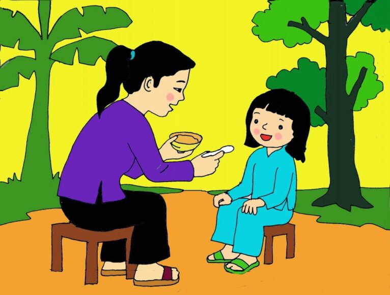 vẽ tranh mẹ đút cơm cho bé ăn