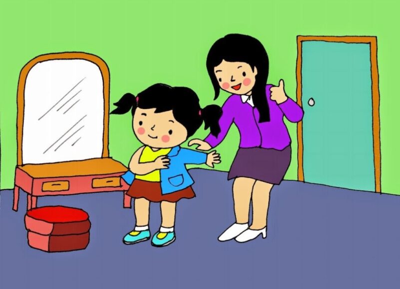 vẽ tranh mẹ giúp bé thay quần áo trước khi đi học