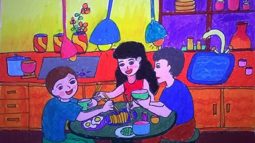 vẽ tranh về mẹ khi cả gia đình cùng ăn cơm