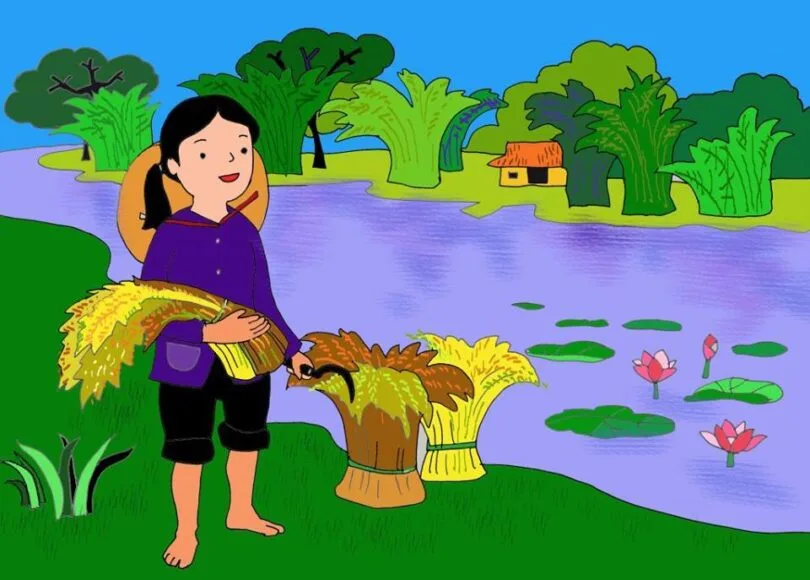 vẽ tranh về mẹ vất vả tần tảo đi gặt lúa