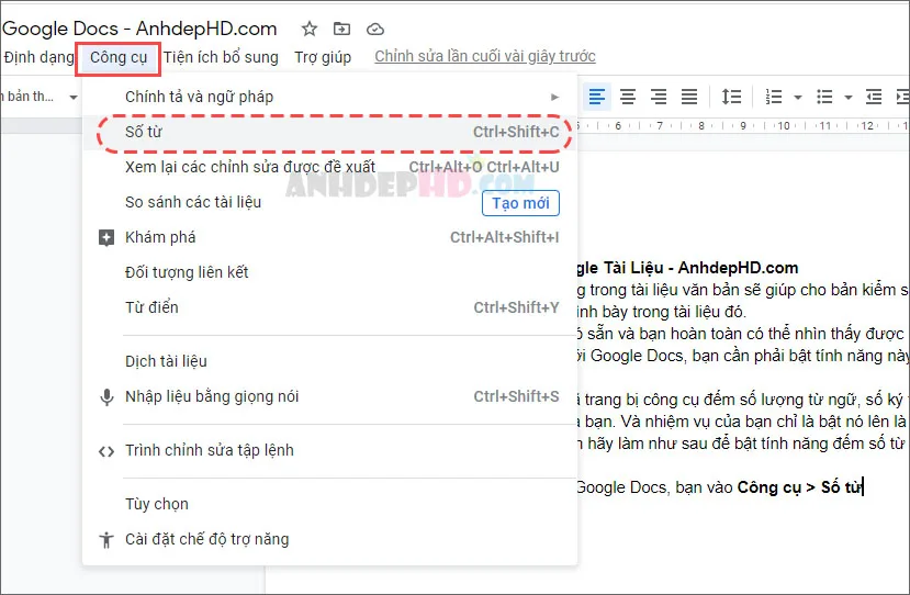 cách bật tính năng đếm số từ trong Google Docs
