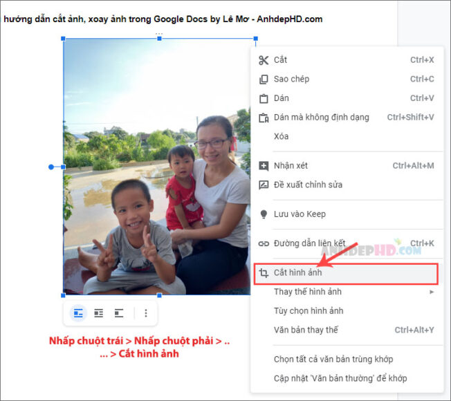 cách cắt hình ảnh trong google docs