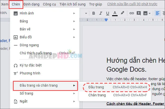 cách chèn tiêu đề đầu trang và chân trang cho tài liệu google docs