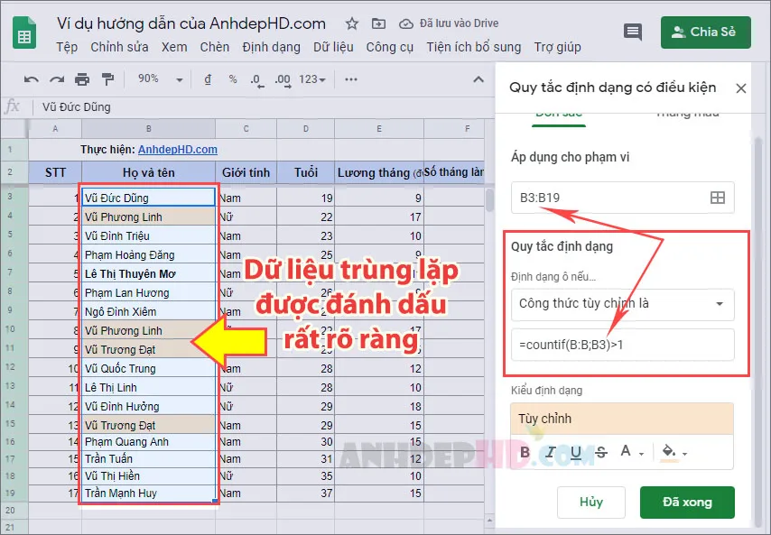 cách lọc dữ liệu trùng lặp trong bảng tính google sheets